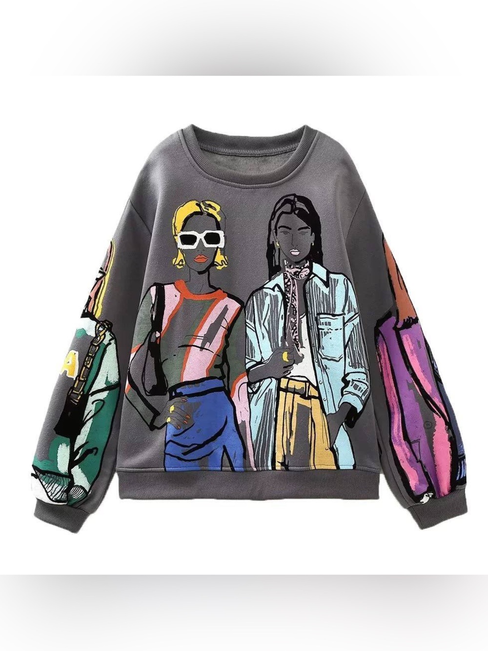 Graphic Art Crewneck Sweatshirt in Gray with Multicolor Pop Art